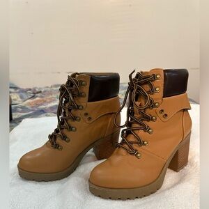 Shoe Dazzle Tan and Dark Brown Lace-Up Ankle Boots